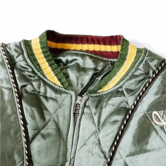 RARE Kapital Rayon Satin Quilting Japan Pillow Bomber Jacket Olive - Picture 9 of 11